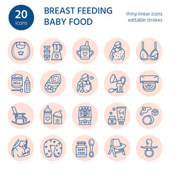 Modern vector line icon of breastfeeding, baby infant food. Motherhood elements - breast pump, woman, child, powdered milk, bottle sterilizer, baby. Motherhood pictogram editable stroke