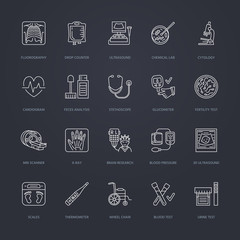 Vector thin line icon of medical equipment, research. Medical check-up, test elements - MRI, xray, glucometer, blood pressure, laboratory. Linear pictogram with editable stroke for clinic, hospital.