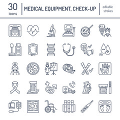 Vector thin line icon of medical equipment, research. Medical check-up, test elements - MRI, xray, glucometer, blood pressure, laboratory. Linear pictogram with editable stroke for clinic, hospital.