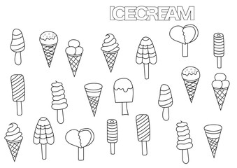 Hand drawn ice cream set. Coloring book page template.  Outline doodle vector illustration.