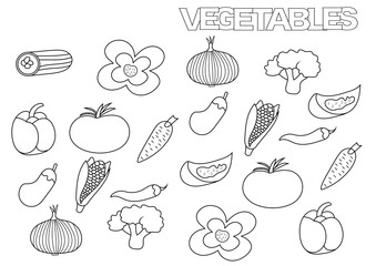 Hand drawn vegetables set. Coloring book page template.  Outline doodle vector illustration.