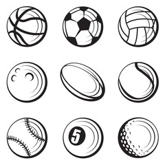 monochrome collection of various sport balls 