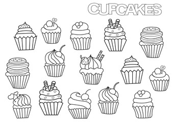 Hand drawn cupcakes set. Coloring book page template.  Outline doodle vector illustration.