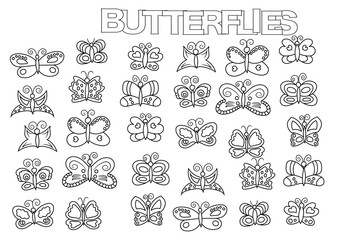 Hand drawn butterflies set. Coloring book page template.  Outline doodle vector illustration.