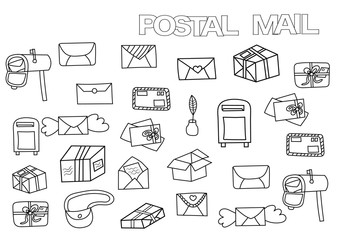 Hand drawn postal set. Coloring book page template.  Outline doodle vector illustration.