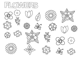 Hand drawn flowers set. Coloring book page template.  Outline doodle vector illustration.