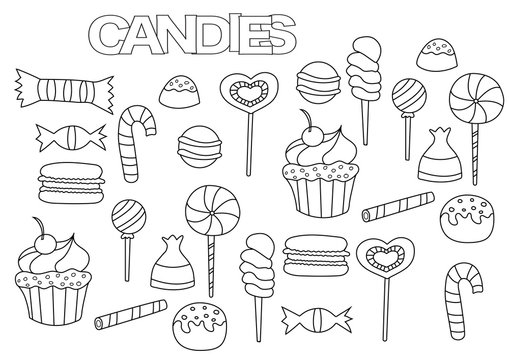 Hand drawn candy bar set. Coloring book page template.  Outline doodle vector illustration.