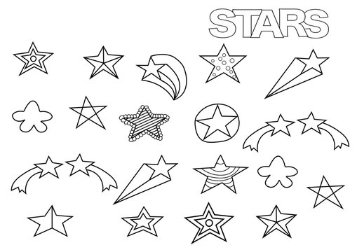 Hand drawn stars set. Coloring book page template.  Outline doodle vector illustration.