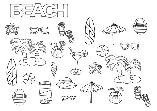 Hand drawn beach set. Coloring book page template.  Outline doodle vector illustration.