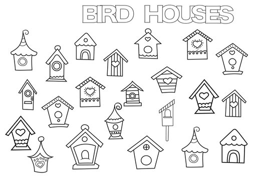 Hand drawn bird houses set. Coloring book page template.  Outline doodle vector illustration.