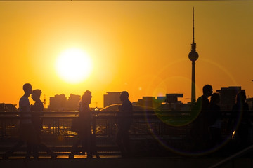 berlin skyline and tv tower at sunset