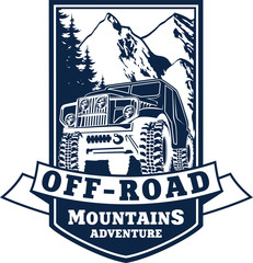 Vector emblem with 4x4 vehicle off-road car and mountains © Save Jungle