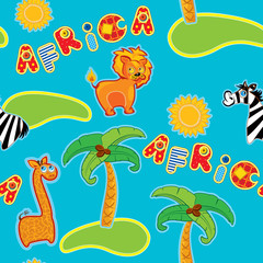 Seamless pattern with cartoon animals - giraffe, leon and zebra