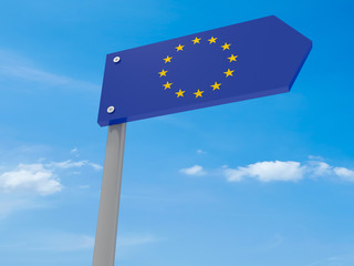 Guidepost: EU Road Sign Arrow Against Blue Sky, 3d illustration