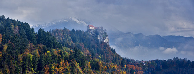 Bled , castle and mountains in background, Slovenia, Europe