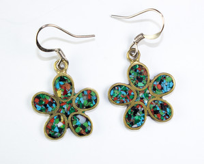 Green earrings shaped as flower made in traditional Georgian cloisonne enamel technique Minanqari
