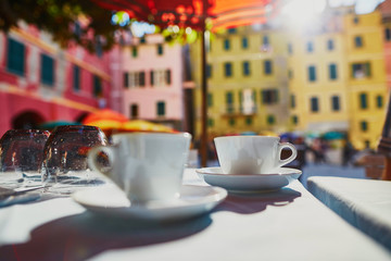 Coffee cups in cafe in Vernazza, Cinque Terre, Italy