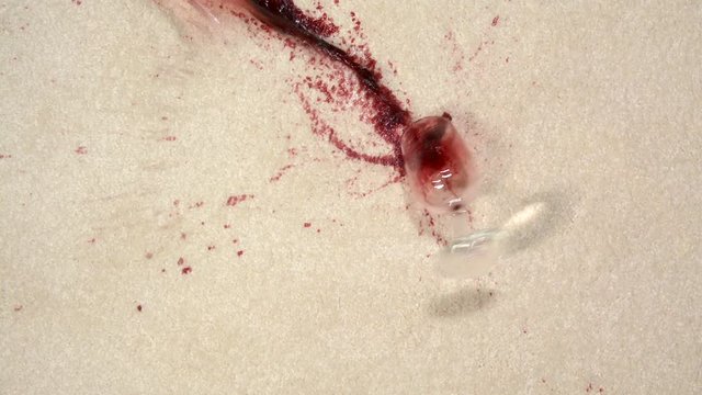 A glass of wine spilled on white carpet shown in slow motion.
