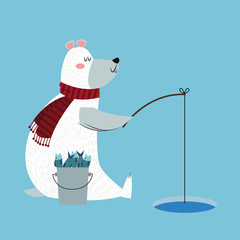Bear cartoon fishing icon. Christmas season card decoration and celebration theme. Colorful design. Vector illustration