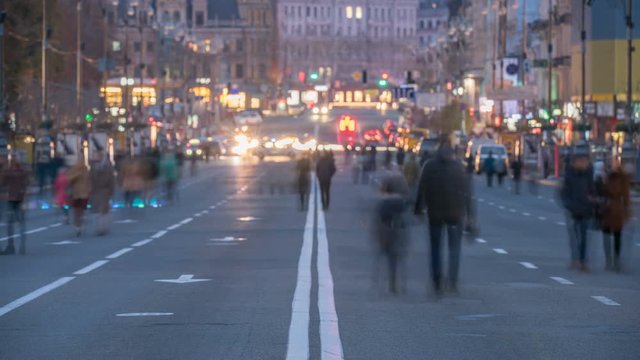 4 in 1 video! The anonymous smashed people crowd stream on the road. Evening night time. Time lapse