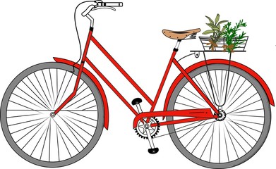A detailed illustration of a red bicycle with a basket holding herbs