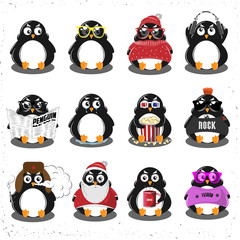 Penguin Set. Merry Christmas. Vector Illustration