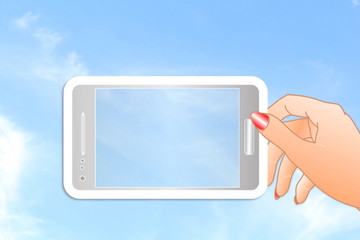 cell phone icon in hand in sky background