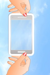 cell phone icon in hand in sky background
