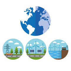 Planet wind mill solar panel factory car and energy tower icon. Ecology renewable innovation and alternative theme. Vector illustration