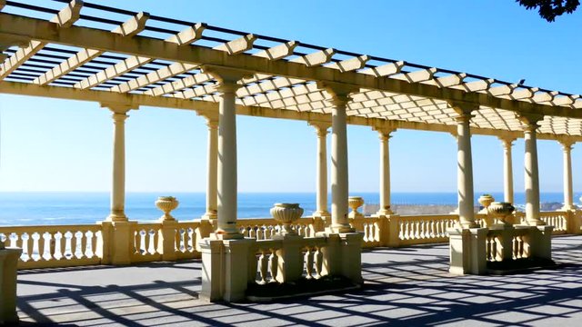 Seafront and architecture vintage colonnade in Porto coast, Portugal.4K