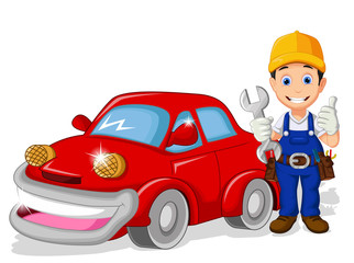 mechanic cartoon with car for you design