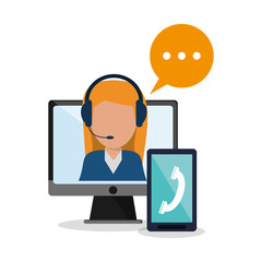 Woman operator smartphone and computer icon. Call center and technical service theme. Colorful design. Vector illustration