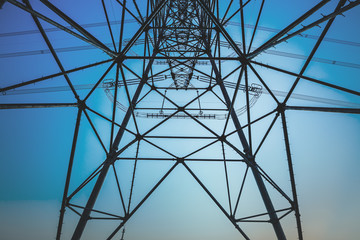High voltage power tower beautiful scenery at dusk