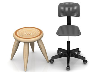 One wooden stool and an office chair on white surface