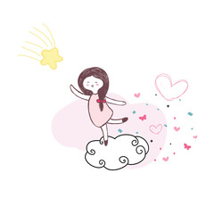cute girl jump on the cloud for touch yellow star with pink hear