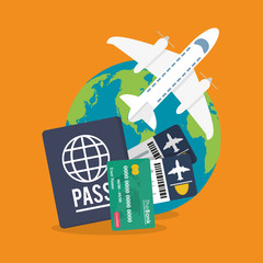 Passport tickets credit card and airplane icon. travel trip vacation and tourism theme. Colorful design. Vector illustration © Jemastock