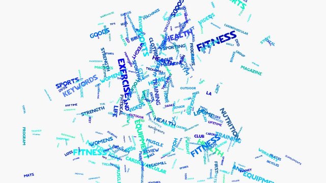 Wellness fitness exercise dieting nutrition word cloud typography animation