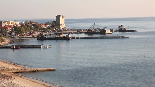 View of the seaside and beach in the sunset. 