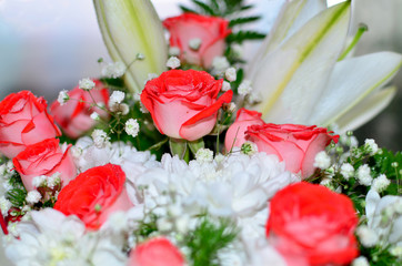 Beautiful bouquet from red roses of a lily and chrysanthemum

