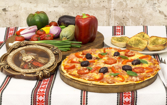 Pizza With Vegetables, Basil, Olives, Tomatoes, Green Pepper. Dracula Tepes