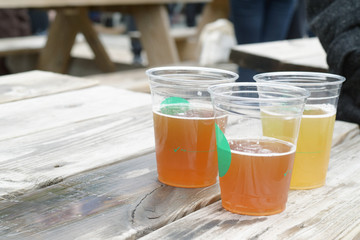 Beer cups on table