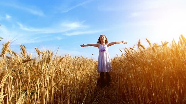 Little girl running cross the wheat field at sunset.Slow motion,high speed camera