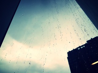 Raining view and high building silhouette