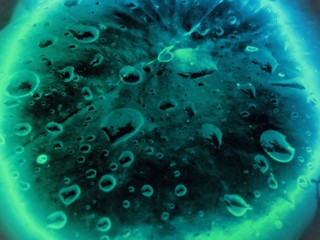 Obraz na płótnie Canvas Green neon water on leave background in dark tone
