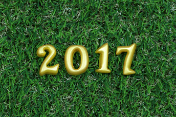 2017 real 3d objects on green grass, happy new year concept