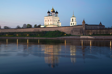 Fototapeta na wymiar View of Trinity Cathedral and the Pskov Kremlin in May twilight. Pskov, Russia