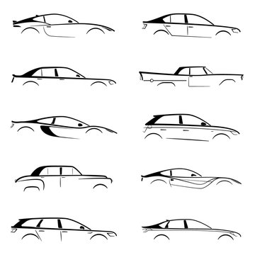 Set black car silhouette on white background. Vector collection.