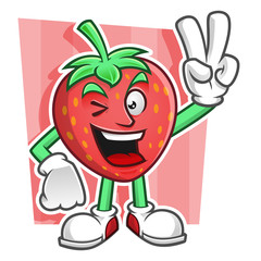 Peace Strawberry mascot. Strawberry character vector. Strawberry logo.