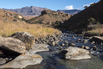 Views of Bushmans River and Giants Castle. Ukhahlamba Drakensberg Park. KwaZulu Natal. South Africa.