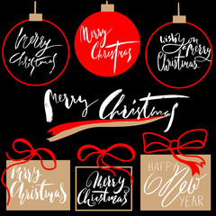 Obraz na płótnie Canvas Vintage Merry Christmas And Happy New Year Handdrawn Calligraphic And Typographic labels set. Decorations elements, Symbols, Icons, Frames, Ornaments and Ribbons, set.